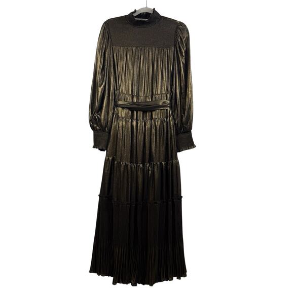Alex Marie Gold Metallic High Neck Maxi Dress Size 10 Smocked Tiered Castlecore - Picture 2 of 16